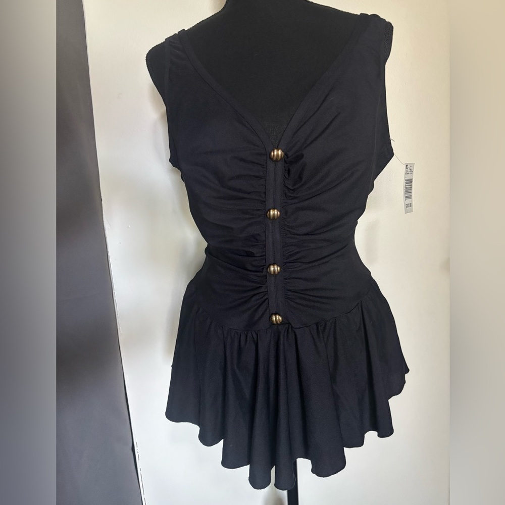 Black Ruched One-piece Bathing Suit with Gold Buttons